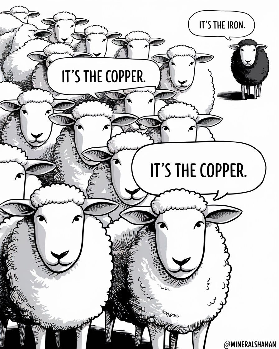 A pen and ink cartoon of a flock of white sheep, two of them saying 