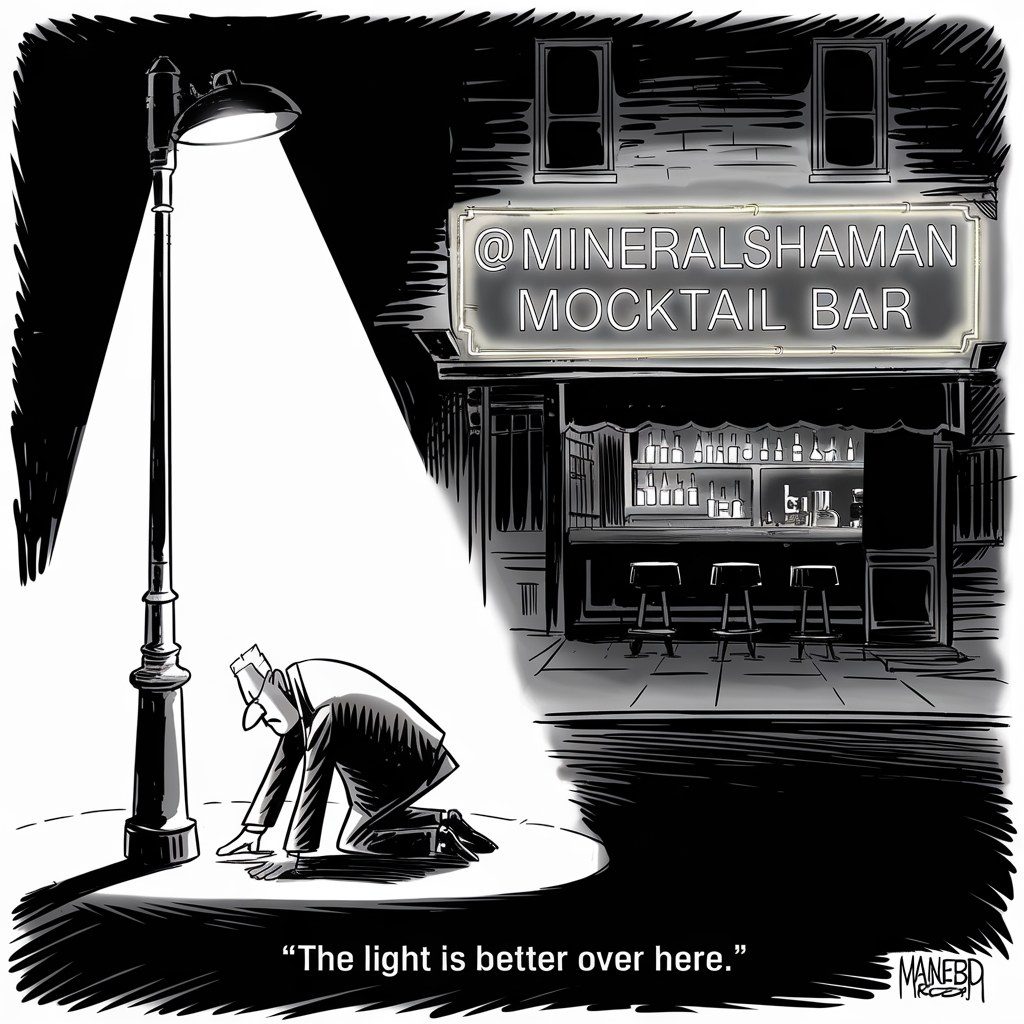 A black and white cartoon of a man on his knees searching under a streetlight outside the @mineralshaman Mocktail Bar, captioned 