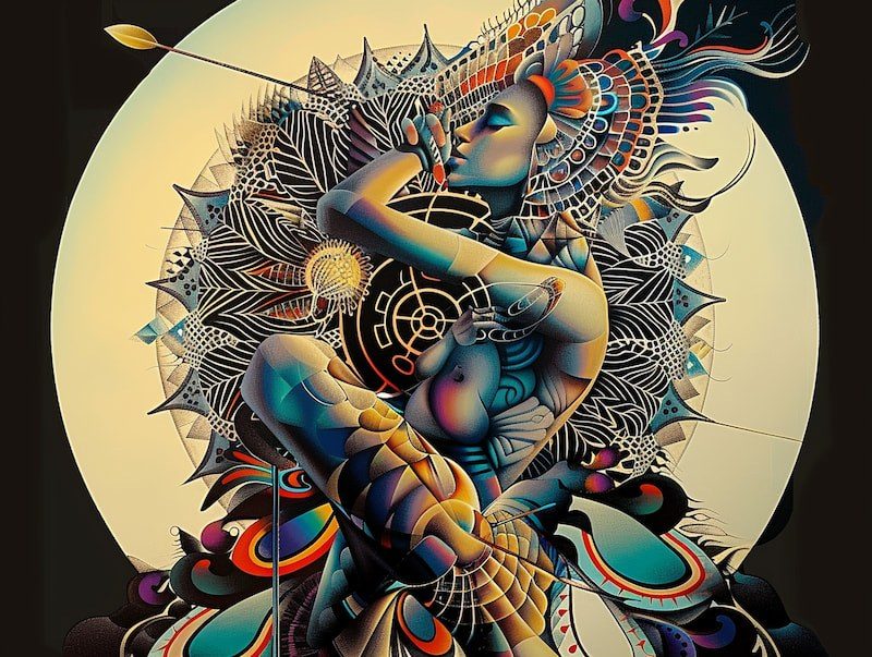 An illustration of a woman in a feathered headdress, eyes closed, drawing a bow, her folded body patterned in blue, gold and orange, before a large pale circle on a black ground.