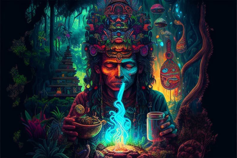 A vivid painting of a man in a tall headdress, eyes closed and face painted half orange and half blue, with a plume of glowing blue smoke between his lips and a small fire, a bowl in one hand and a cup in the other, in a dark jungle.