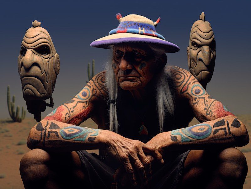 An old man with long white hair and tattooed arms sits in the desert in a purple brimmed hat, hands clasped, between two carved wooden masks on posts with cactus behind him.