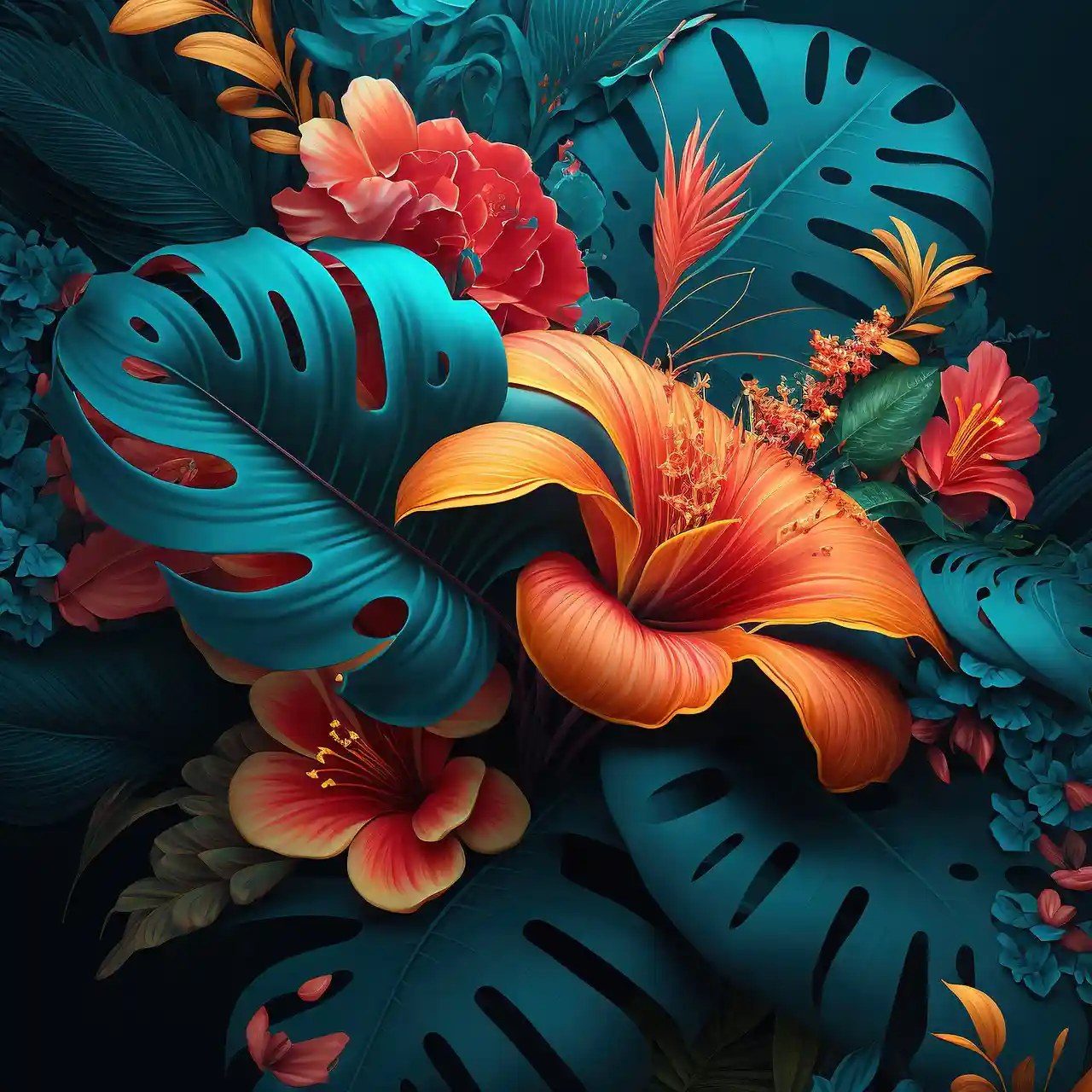 A painting of a large orange lily and smaller red and coral flowers among teal monstera leaves, on a near black ground.
