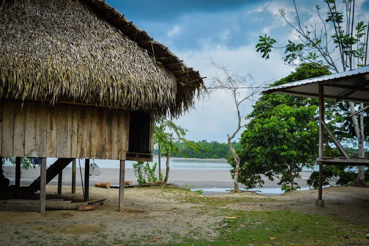 A wooden house with a thick thatched roof stands on stilts on a sandy bank, with a wide river and a forested far shore beyond it, green trees and an open shelter with a metal roof to its right, under a cloudy sky.