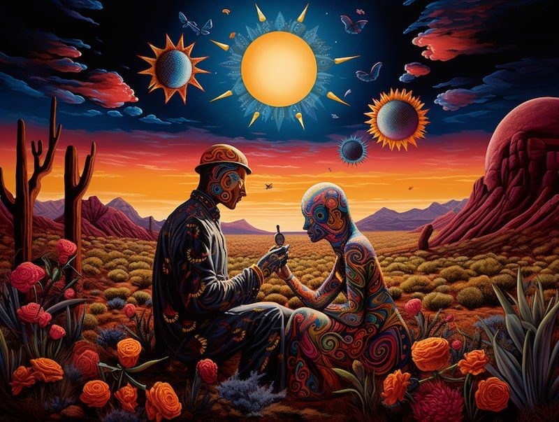 A painting of two figures covered in bright swirling patterns, sitting face to face in a desert at sunset among saguaro cacti and roses, one in a hat holding up a small round object, under a sky with several suns.