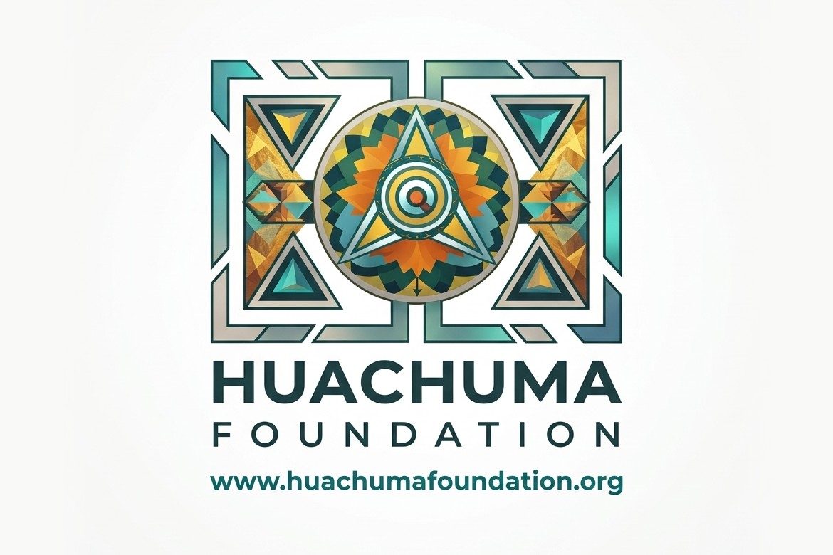 The Huachuma Foundation logo, a square emblem of teal and gold triangles framing a circle of orange and teal petals with a triangle and rings at its centre, above the words Huachuma Foundation and www.huachumafoundation.org.