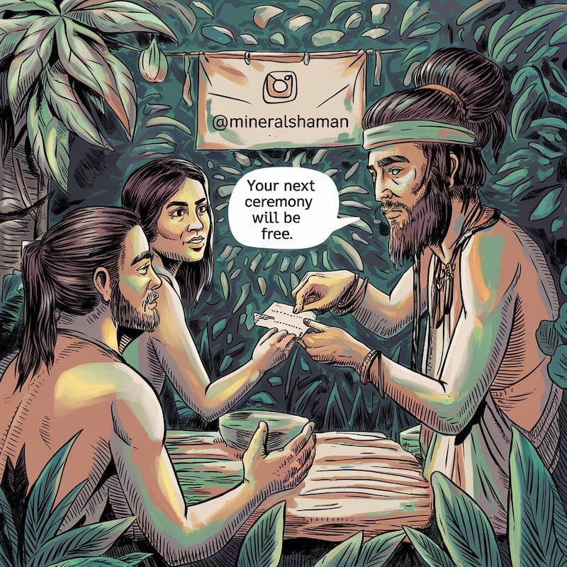 A drawing of a bearded man in a headband handing a small card to a woman across a wooden table in the jungle, with a speech bubble that reads “Your next ceremony will be free” and a sign above them bearing the Instagram logo and @mineralshaman, while a man beside her holds a bowl.