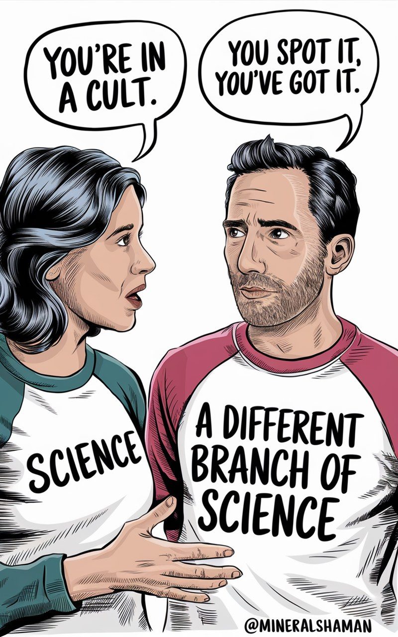 A cartoon of a woman whose shirt reads “Science” telling a man “You’re in a cult”, and the man, whose shirt reads “A different branch of science”, answering “You spot it, you’ve got it”, signed “@MineralShaman” at the foot.