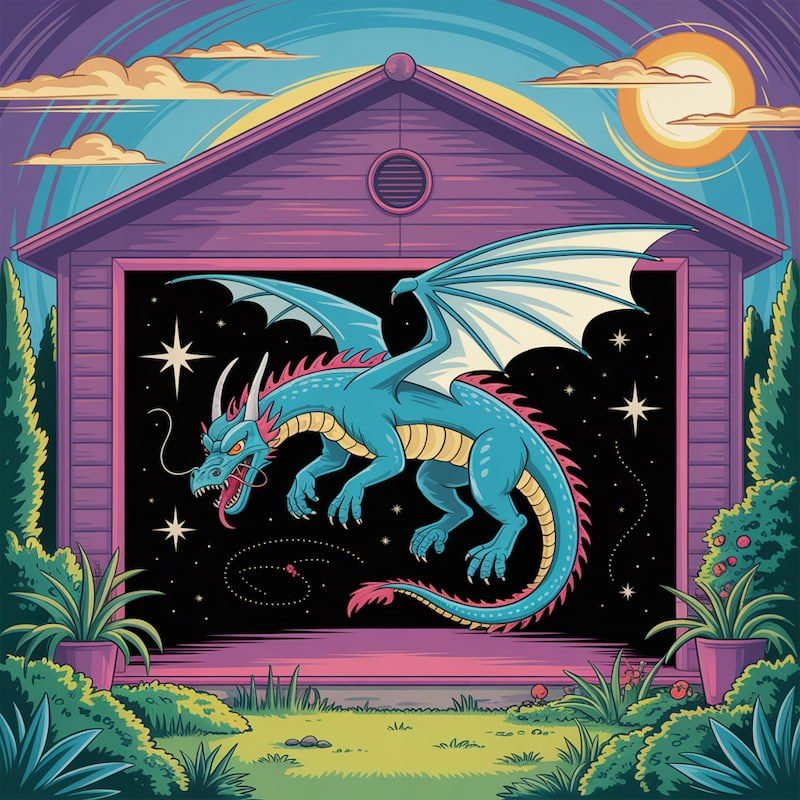 An illustration of a teal horned dragon with pale wings flying inside an open purple garage whose dark interior is full of stars, with bushes and potted plants outside under a bright sun.