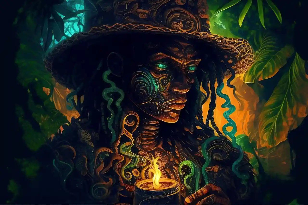 A dark painting of a figure in a wide woven hat, its face patterned with swirls and its eyes glowing green, holding a lit candle in a jar among jungle leaves.