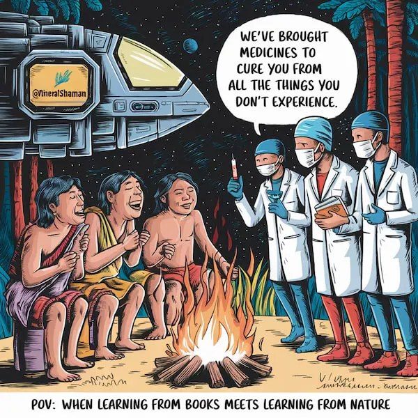 A cartoon of three doctors in white coats and surgical masks by a campfire at night, one holding up a syringe and another a book, telling three laughing forest people “We’ve brought medicines to cure you from all the things you don’t experience”, with a spaceship marked @MineralShaman behind them and the caption “POV: When learning from books meets learning from nature”.