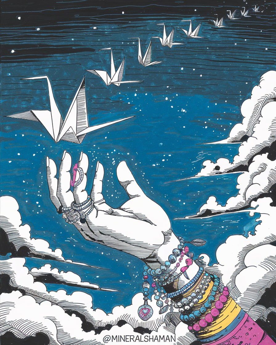 An ink drawing of an open hand, its wrist stacked with beaded bracelets, rising out of white clouds as a line of white paper cranes flies away from it into a starry blue night sky.