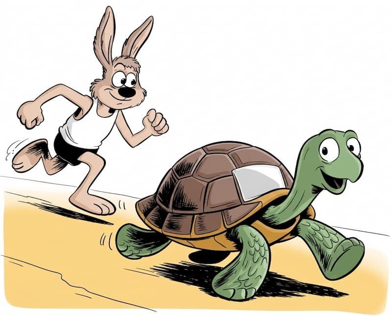 A cartoon hare in a white vest and black shorts runs behind a smiling green tortoise with a brown shell, across a sandy yellow track.
