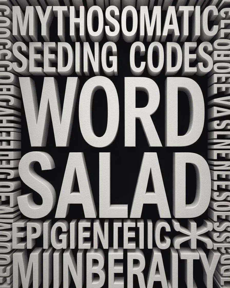Pale gray letters carved in relief on black spell Word Salad in huge type at the center, with Mythosomatic Seeding Codes above it, misspelled versions of epigenetic and minerality below, and jumbled letters running down both sides.