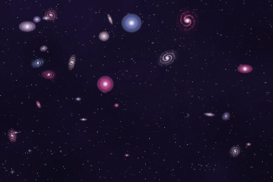 A deep field of the night sky: small far galaxies, spirals and ovals in pink, violet and blue white.