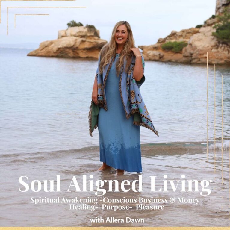 Cover art for the Soul Aligned Living podcast with Allera Dawn, the host standing barefoot in shallow water on a rocky coastline.