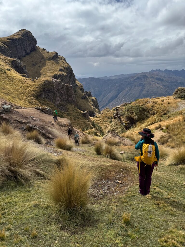 A woman with a yellow backpack watching the rest of the group descend a mountain trail into the valley below.