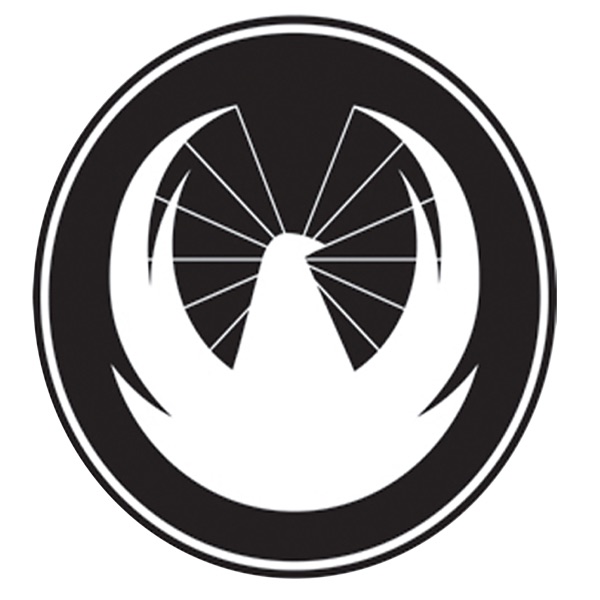 Cover art for the Inner Monologue podcast, a black and white emblem of a bird with spread wings inside a circle.